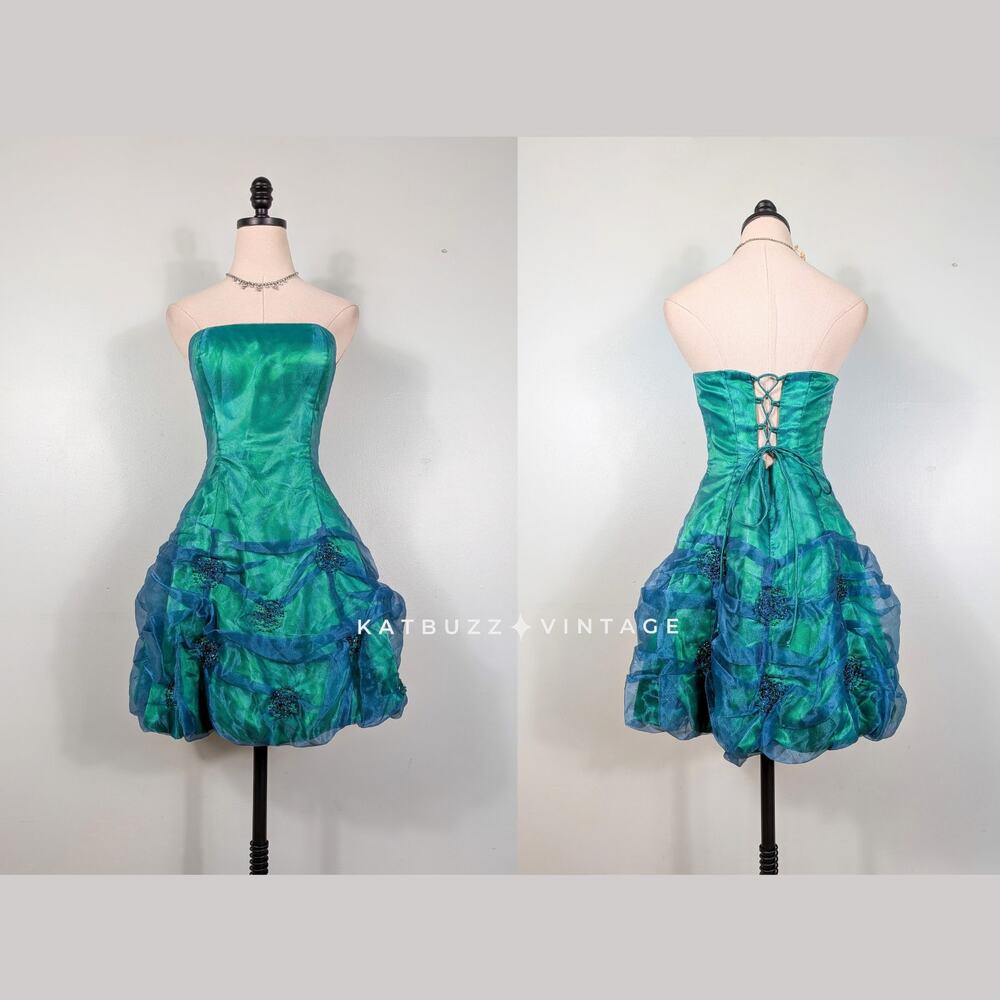 Vintage Morgan Prom Dress Mini Gown 8 Green Corset Y2K Bubble Hoco Strapless